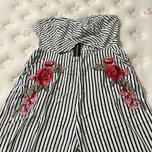 Strapless black and white striped romper with red roses size Medium